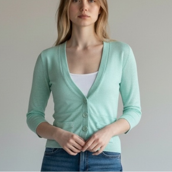 Poof! Sweaters - Poof! Green Cardigan Sweater with V-Neck and Cropped Fit